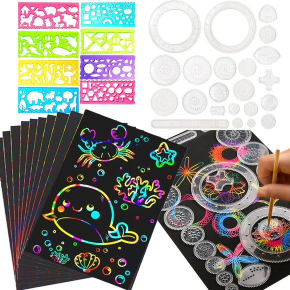DIY Scratch Art Rainbow Papers Classic Gear Spirograph Drawing Set