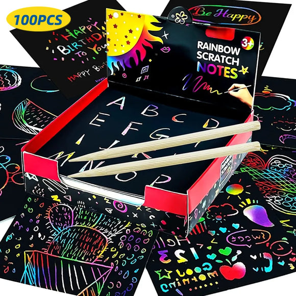DIY 100PCS Rainbow Scratch Art Mini Note Paper Pad Cards