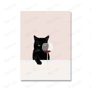 Funny Black and White Cat Red Wine Poster Oil Painting Cat Lover Wall Art Picture Living Room Kitchen Home Decoration