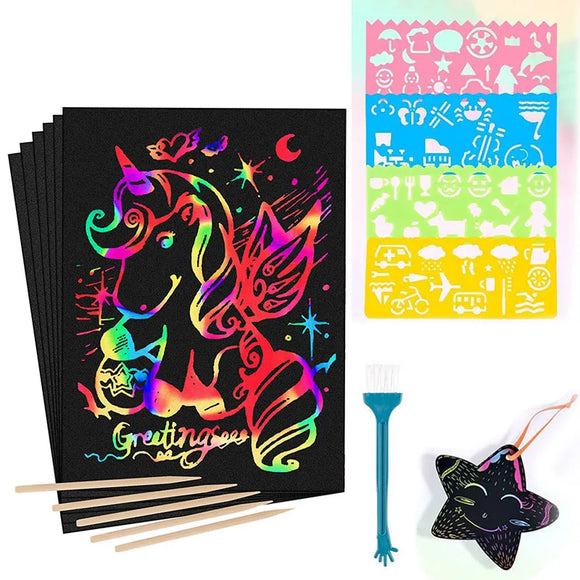 DIY 16/60Pcs Scratch Art Paper Rainbow Paper Sheets Drawing Pads with Stencils