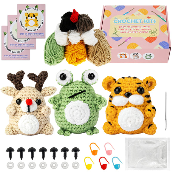 3Pcs DIY Crochet complete kit Adorable Animals Starter Pack