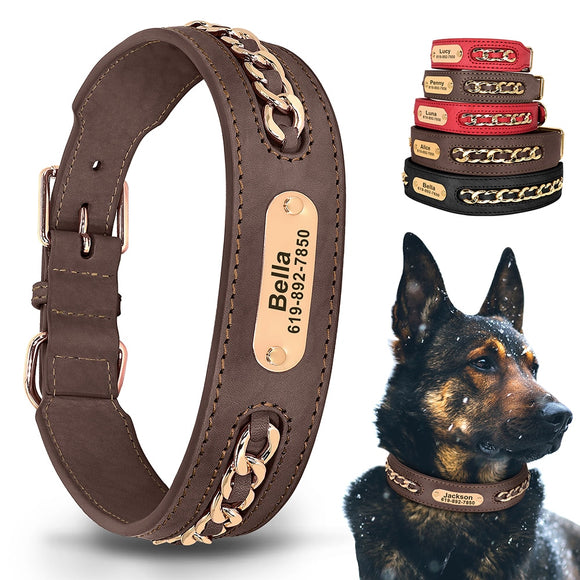 Custom Leather Dog Collar Personalized ID Tag  For Small Medium Large Dogs