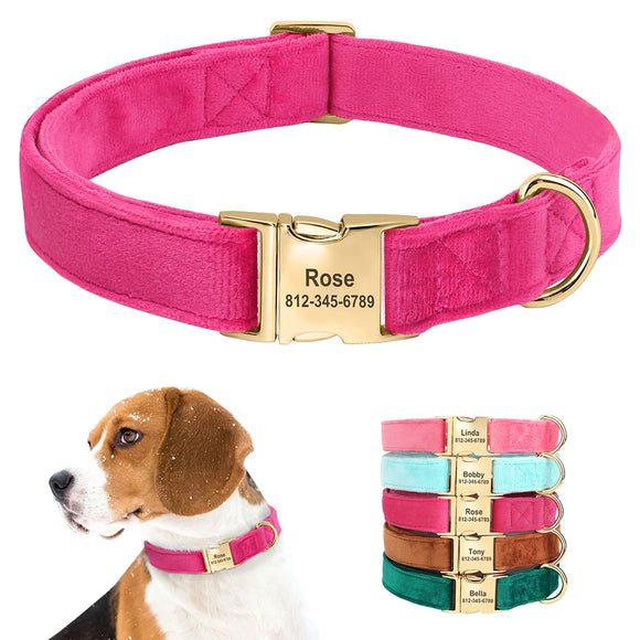 Personalized Velvet Dog Collar Super Soft  ID Buckle Collar Engraved For Small Medium Large Dogs