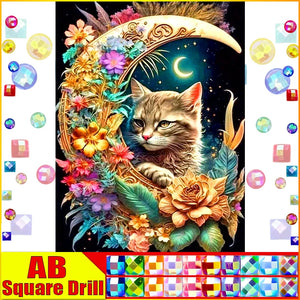 5D DIY Diamond Embroidery Full Square/round Fairy Dust AB  Diamond Painting "Cat and moon"