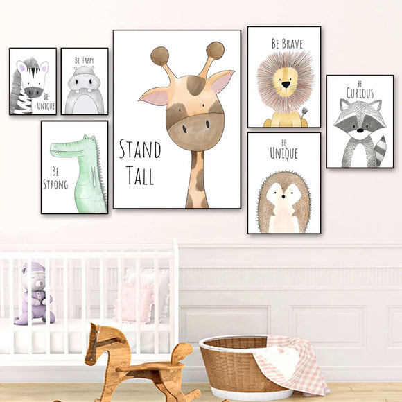 Nursery Animal Canvas Wall Art Posters - Lion Dinosaur Giraffe Zebra Painting nursery Decor set 2