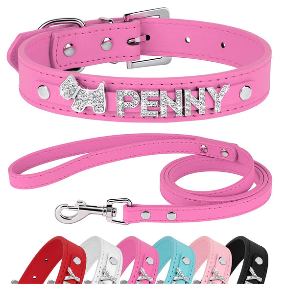 Personalized Leather Dog Puppy Collar Leash Set Bling Rhinestone Free Name charm