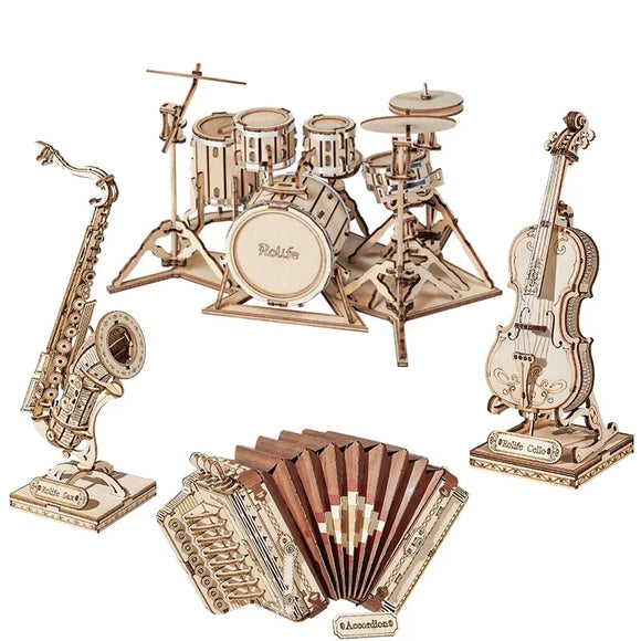 3D Wooden Puzzles Saxophone Drum kit Accordion Cello Models