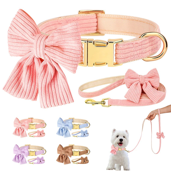 Cute Dog Collar Leash Set With Bowknot Soft Velvet Collars For Small Medium Dogs