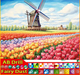 5D DIY Diamond Embroidery Full Square/round Fairy Dust AB diamond Painting "Scenery Windmill Tulips"