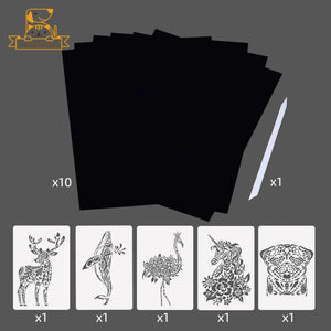 10PCS Scratch Paper and 5PCS Animal Building Stencil Magic Template  DIY Crafts Children Gifts