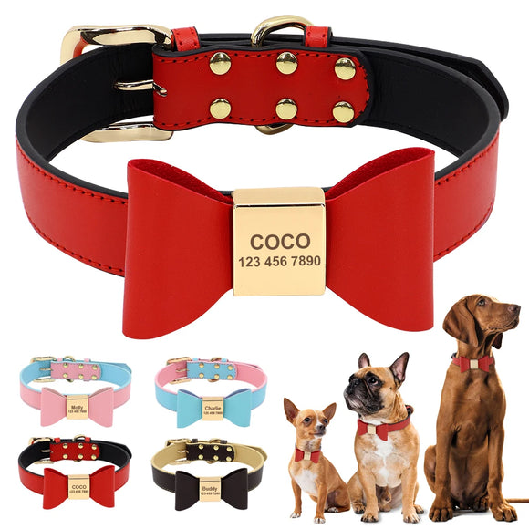 Personalized Dog Collar Soft PU Leather Bowknot Necklace for Small Medium Large Dogs Cats