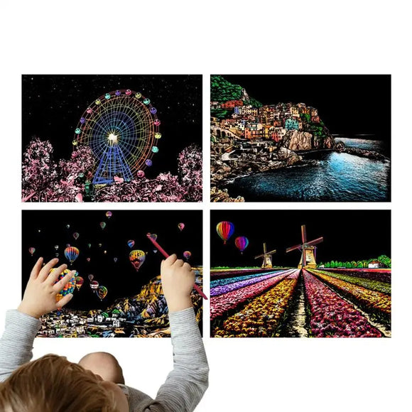 Scratch Painting Kit 4 Sheets Rainbow Engraving Painting Landscape For Adults And Kids
