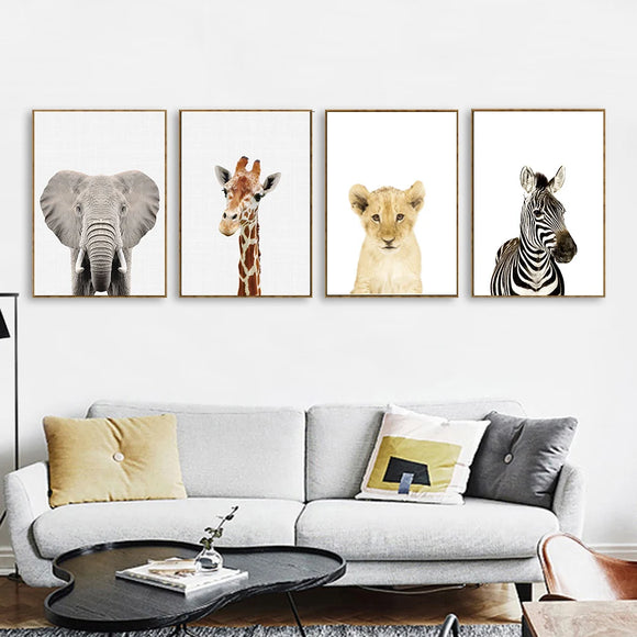 Baby Animal Canvas Wall Art Poster Panda Giraffe Elephant Zebra for Nursery set 2