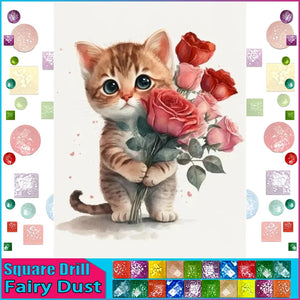 5D DIY Diamond Embroidery Full Square/round Fairy Dust AB Full Diamond "Cat and Roses" Handmade