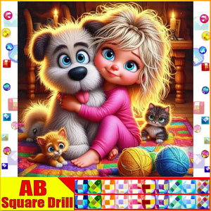 5D DIY Diamond Embroidery Full Square/round Fairy Dust AB Diamond Painting "Portrait Girl Dog"