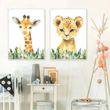 Custom Boy Girl Name Canvas Wall Prints with baby Animals Lion Giraffe