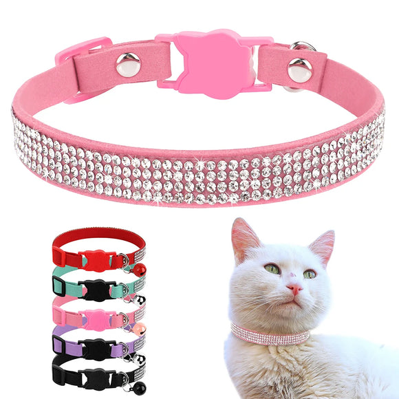 Soft Suede Leather Cat Collar Bling Rhinestone with Bell Safety