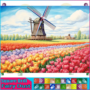 5D DIY Diamond Embroidery Full Square/round Fairy Dust AB diamond Painting "Scenery Windmill Tulips"