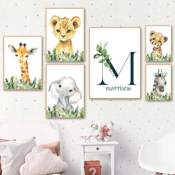Custom Boy Girl Name Canvas Wall Prints with baby Animals Lion Giraffe Print Nursery