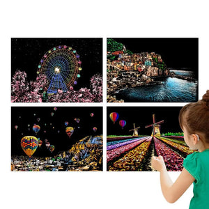 Scratch Painting Kit 4 Sheets Rainbow Engraving Painting Landscape For Adults And Kids