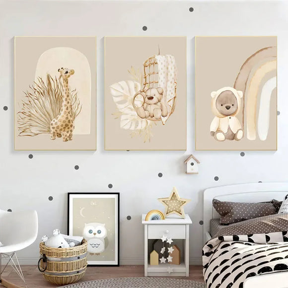 Canvas Wall Prints with baby Animals Bear Giraffe Elephant Nursery Room Decor