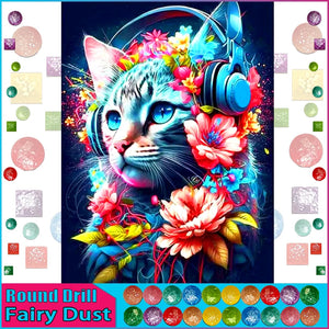 5D DIY Diamond Embroidery Full Square/round Fairy Dust AB "Cat with headphones" Rhinestone Embroidery Pictures