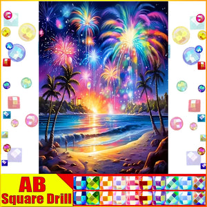 5D DIY Diamond Embroidery Full Square/round Fairy Dust AB Diamond Painting "Scenery Beach Fireworks "