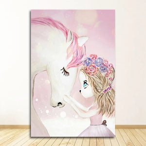 Wall Art Canvas Prints  Cartoon Girl Unicorn Swan Horse Flower Crown Wall Art Canvas Painting Nordic Posters And Prints Wall Pictures Kids Room Decor