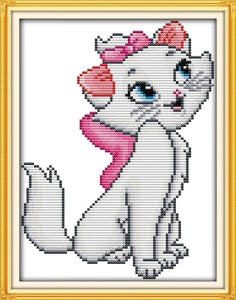 Pink cat Counted un/printed cross stitch patterns 18ct 14ct 11ct