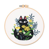 Flower and Black Cat Pattern Embroidery Set Beginner DIY Embroidery