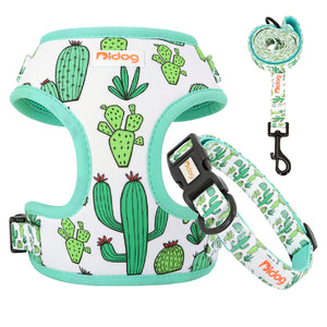 Colourful Printed Nylon Dog Collar Harness Leash Set Soft Breathable  Adjustable  For Small Medium Dogs