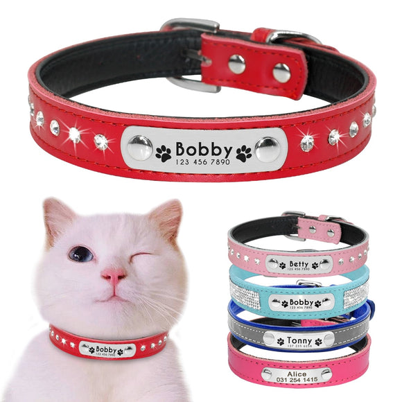 Personalized Leather Cat Collar Cat Adjustable with Kitten Nameplate