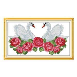 Heart matched swan lovers & rose Counted un/printed cross stitch patterns 18ct 14ct 11ct